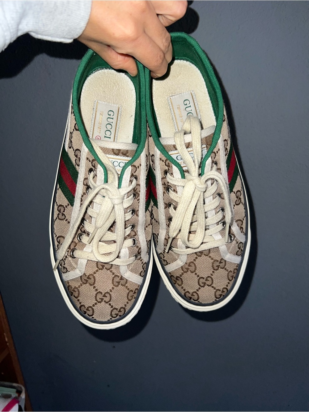 Authentic Gucci Brown GG Canvas Sneakers with Green and Red Web Stripe